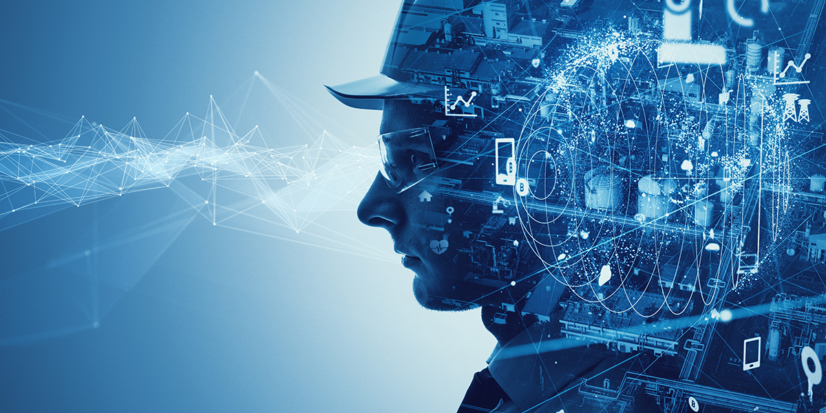 KI generiert: Das Bild zeigt das Profil eines Mannes mit einem Schutzhelm, überlagert von digitalen Grafiken und technischen Elementen, die Technologie und Datenmanagement symbolisieren. Der visuelle Effekt deutet auf die Verschmelzung von Mensch und digitaler Technologie hin.