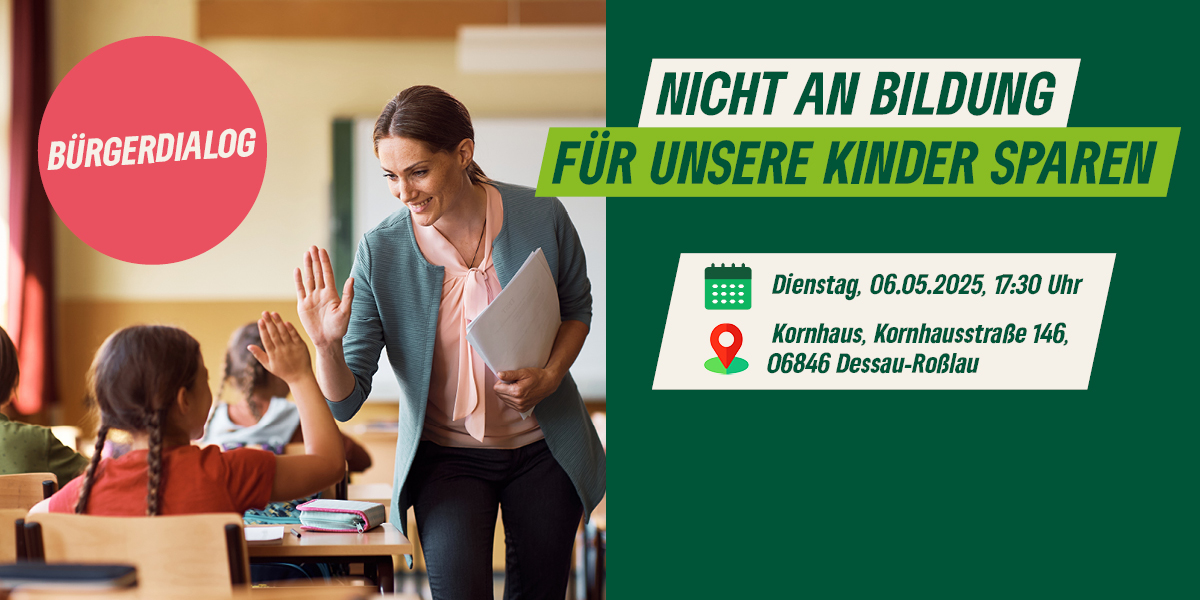 KI generiert: Das Bild bewirbt einen Bürgerdialog zum Thema Bildung unter dem Motto "Nicht an Bildung für unsere Kinder sparen". Eine Lehrerin gibt einem Schüler im Klassenzimmer ein High-Five.