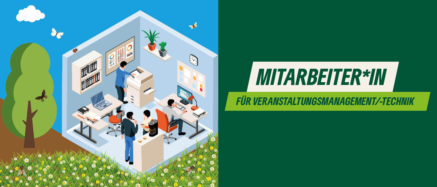 KI generiert: Das Bild zeigt eine Illustration eines modernen Büros in einer natürlichen Umgebung mit Mitarbeitern, die an ihren Arbeitsplätzen sitzen. Der Hauptinhalt des Bildes ist die Bewerbung von Mitarbeiterpositionen im Bereich Veranstaltungsmanagement/Technik, wie der Text auf der rechten Seite anzeigt.