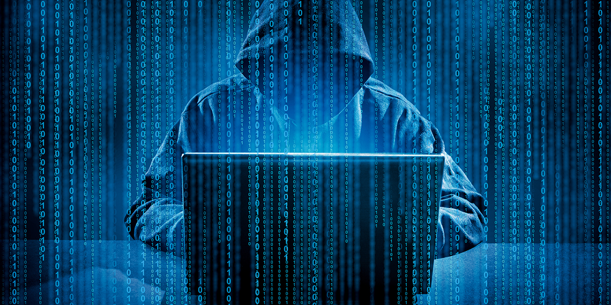 KI generiert: Das Bild zeigt eine Person in einem Kapuzenpullover, die vor einem Laptop sitzt, umgeben von digitalen Binärzahlen. Es vermittelt den Eindruck von Cyberkriminalität oder Hacking.