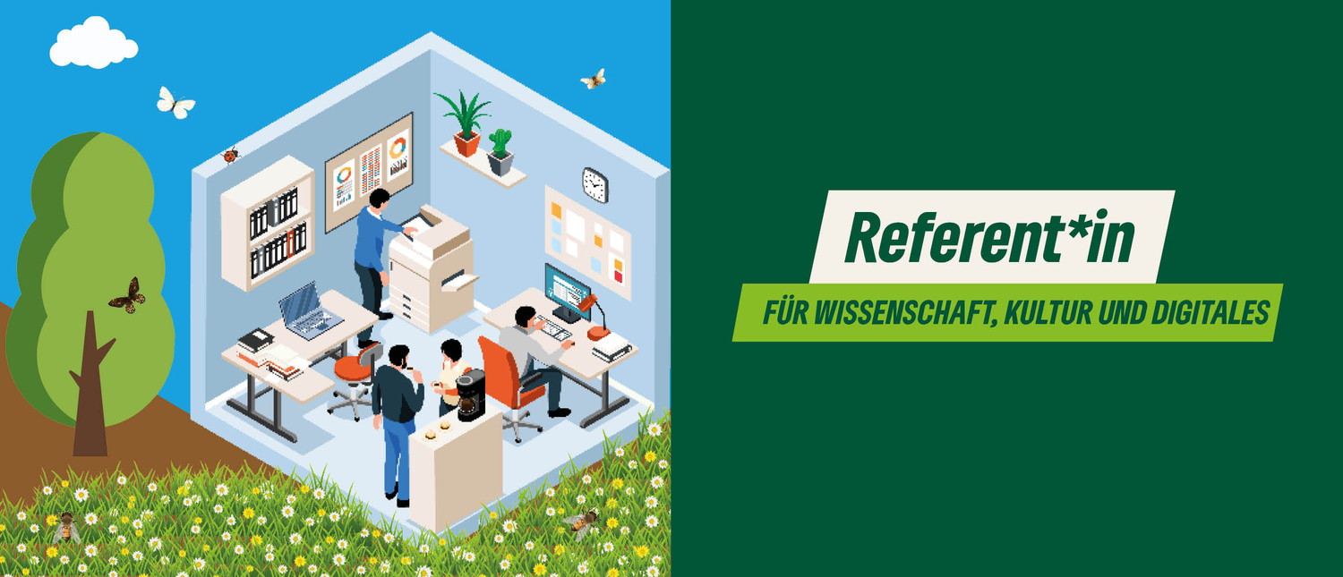 KI generiert: Das Bild zeigt eine illustrierte Szene mit einem modernen Büro in einer natürlichen Umgebung, in dem mehrere Personen arbeiten. Der Hauptinhalt des Bildes ist die Bewerbung der Plattform "Referent*in für Wissenschaft, Kultur und Digitales".