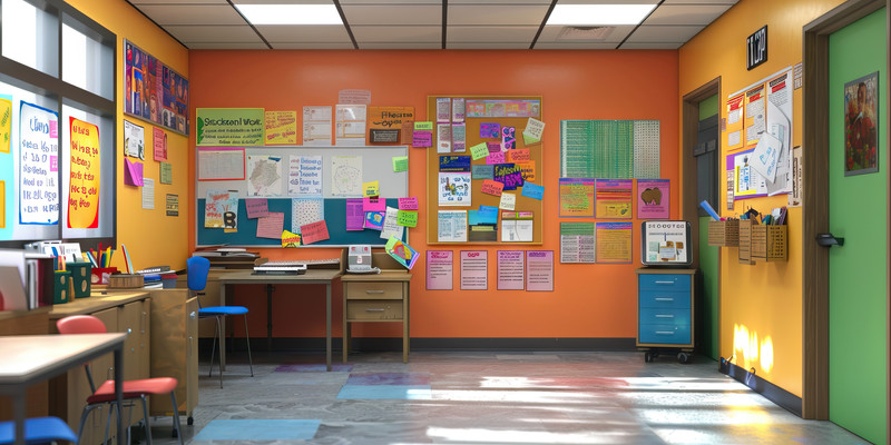 Das Bild zeigt ein bunt dekoriertes Klassenzimmer mit einer Vielzahl von Plakaten, Notizen und Lehrmaterialien an den Wänden. Links sind Schreibtische und Stühle zu sehen, während die Hauptfarbe des Raums orange ist.