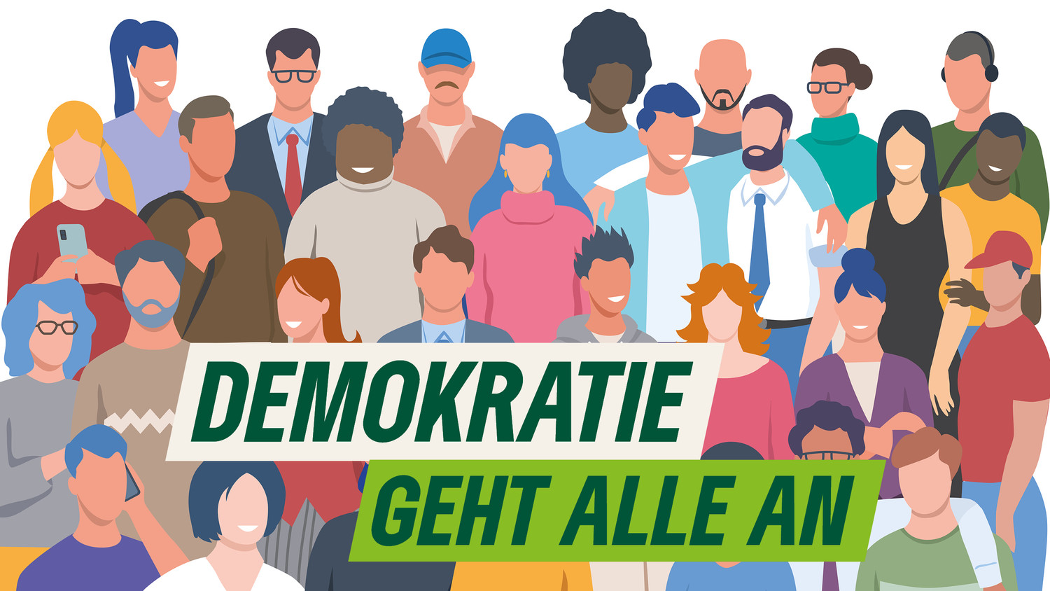 KI generiert: Das Bild zeigt eine diverse Gruppe von Menschen mit dem Text "DEMOKRATIE GEHT ALLE AN". Der Hauptinhalt betont die Beteiligung aller an der Demokratie.