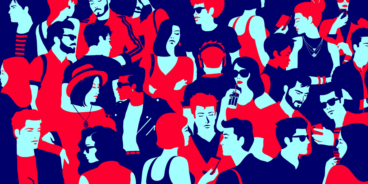 KI generiert: Das Bild zeigt eine stilisierte Illustration von Menschen in kräftigen Farben, die sich in einer urbanen, sozialen Umgebung befinden. Viele der Personen sind mit Smartphones beschäftigt oder tragen modische Kleidung und Accessoires.