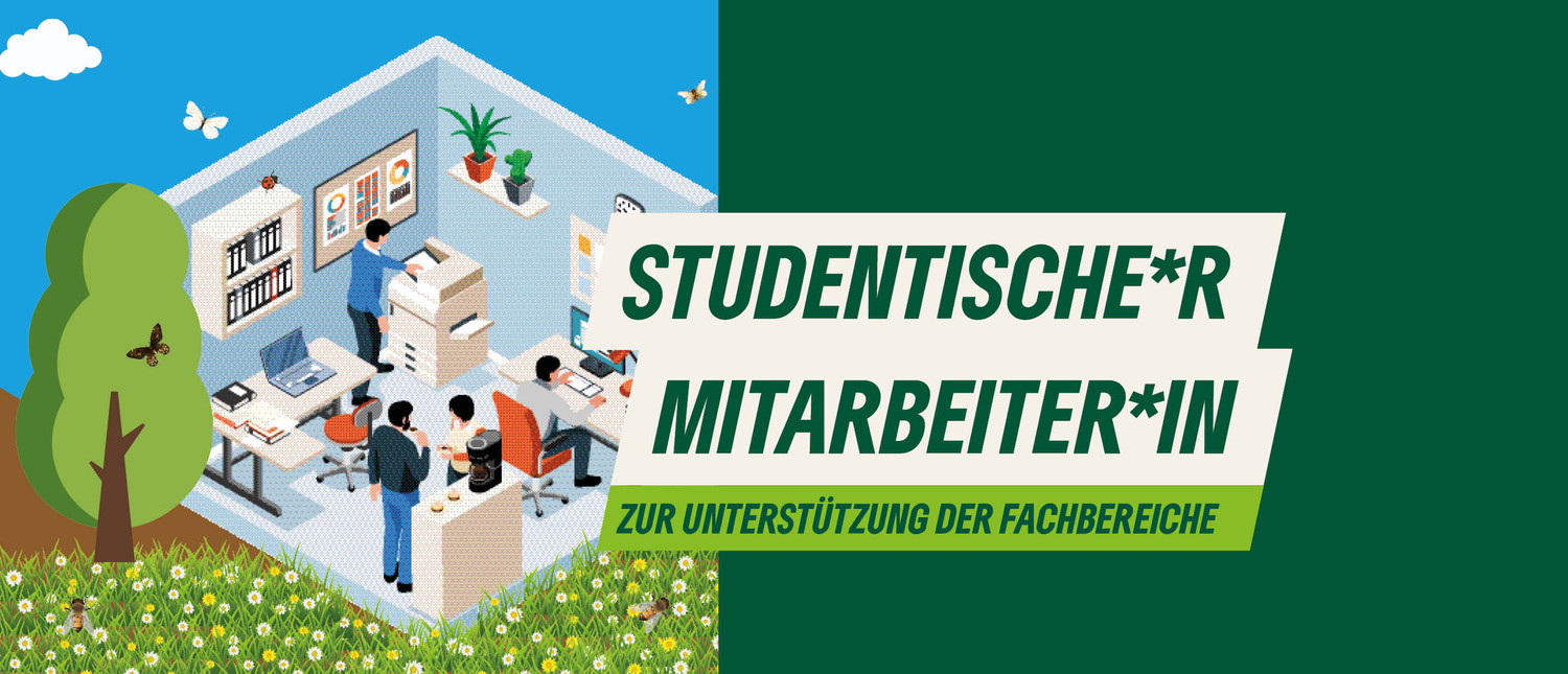 KI generiert: Das Bild zeigt eine Illustration von studentischen Mitarbeiter*innen, die in einem Büro arbeiten, sowie einen Text, der nach studentischen Mitarbeiter*innen zur Unterstützung der Fachbereiche sucht. Der Hauptinhalt des Bildes ist die Ausschreibung für studentische Hilfskräfte.