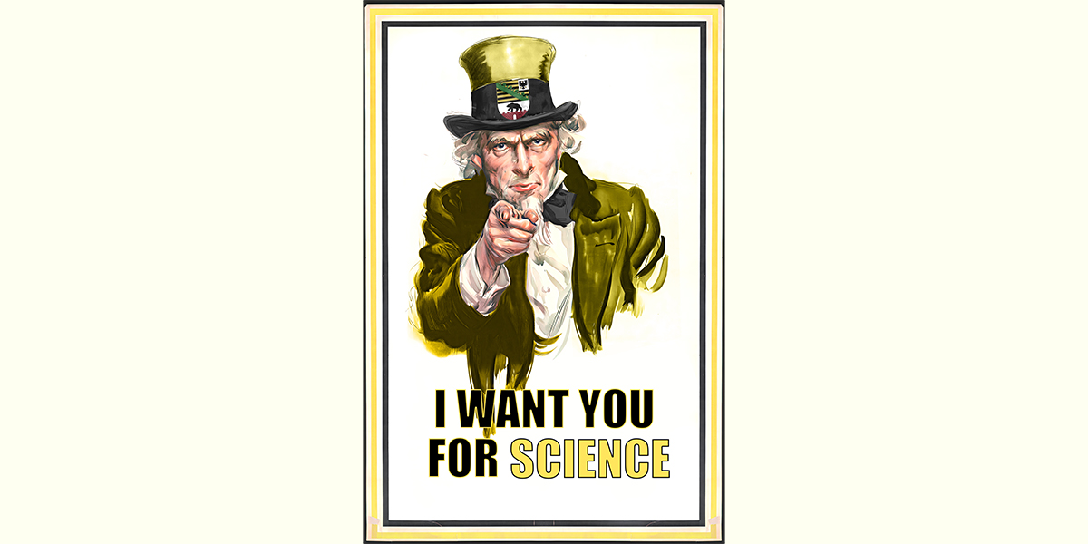 KI generiert: Das Bild zeigt eine Darstellung, die an Uncle Sam erinnert, mit dem Slogan "I WANT YOU FOR SCIENCE". Der Hauptinhalt ist eine Aufforderung zur Beteiligung an der Wissenschaft, stilisiert im klassischen Rekrutierungsplakat-Stil.