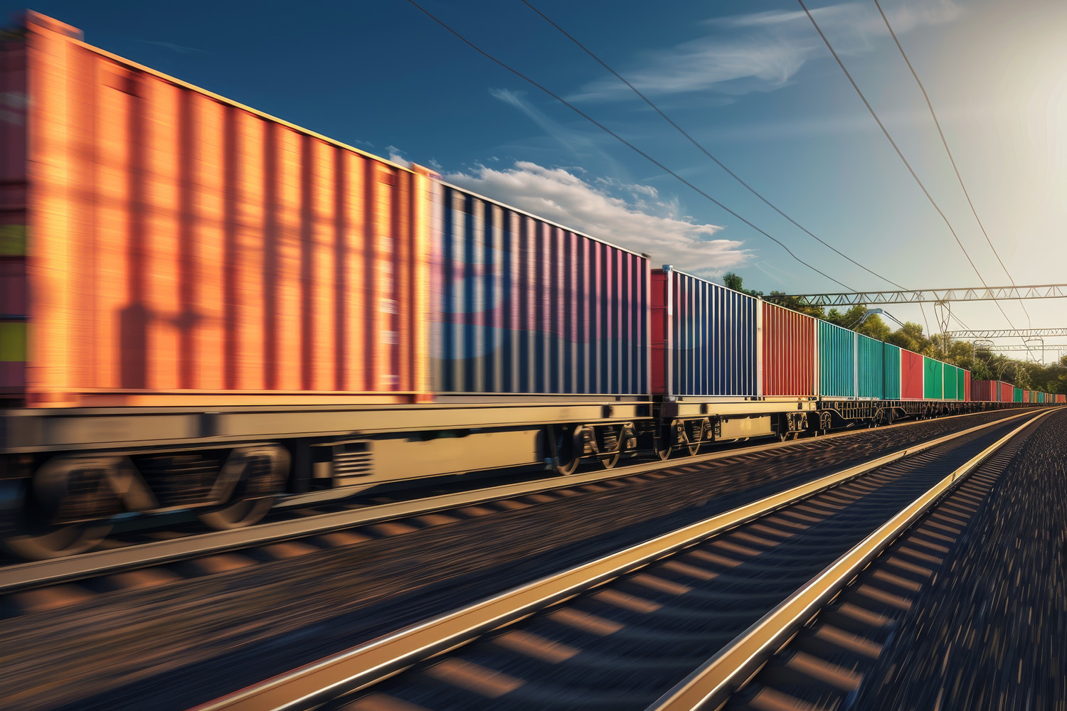 KI generiert: Das Bild zeigt einen schnell fahrenden Güterzug mit farbigen Containern, der auf einer zweigleisigen Strecke unter einem sonnigen Himmel unterwegs ist. Im Hintergrund sind elektrische Oberleitungen und einige Bäume zu sehen.