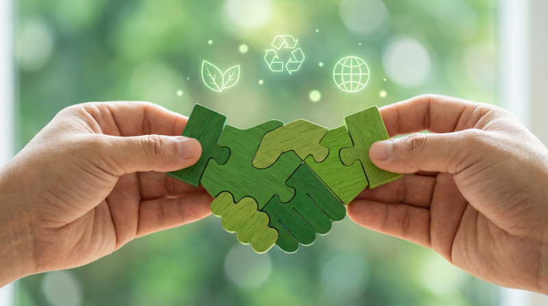 KI generiert: Das Bild zeigt zwei Hände, die ein grünes Puzzle in Form eines Händedrucks halten, umgeben von Symbolen für Recycling, Blätter und die Erde. Es vermittelt das Thema Nachhaltigkeit und Zusammenarbeit.