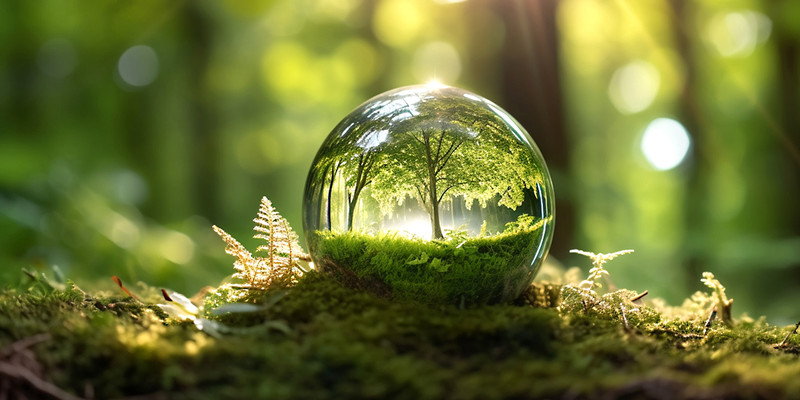 KI generiert: Das Bild zeigt eine Kugel, die eine Miniaturansicht eines Waldes mit Bäumen und Moos enthält. Die Szene spiegelt die natürliche Umgebung wider und vermittelt ein Gefühl von Ruhe und Harmonie.