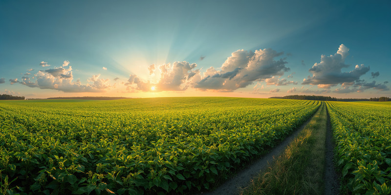 KI generiert: Das Bild zeigt ein weites landwirtschaftliches Feld mit einer Pflanzung, die sich bis zum Horizont erstreckt, beleuchtet von der untergehenden Sonne. Der Himmel ist mit einigen Wolken bedeckt, und die Sonnenstrahlen sorgen für eine idyllische Atmosphäre.