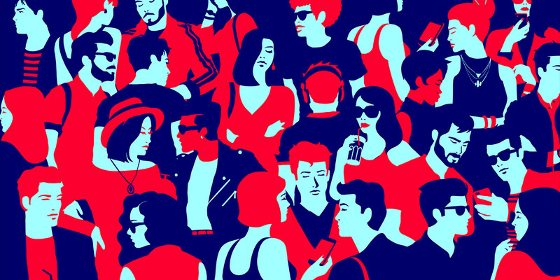 KI generiert: Das Bild zeigt eine stilisierte Illustration von vielen Personen in roten und blauen Farben. Die Figuren tragen moderne Kleidung und agieren unterschiedlich, einige nutzen Smartphones oder gehen miteinander ins Gespräch.